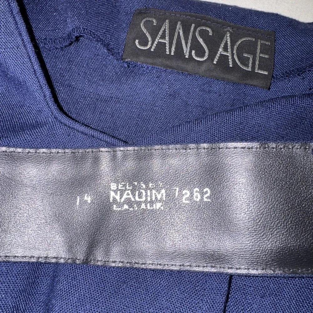 Vintage Sans Age Navy Blue Linen Dress Sz 14 Button Up Belted Cottagecore Mod